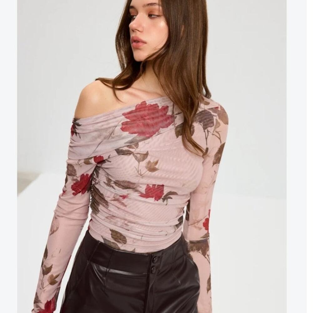 Commense Floral Mesh Top Women S Pink Ruched Off Shoulder Long Sleeve NWT